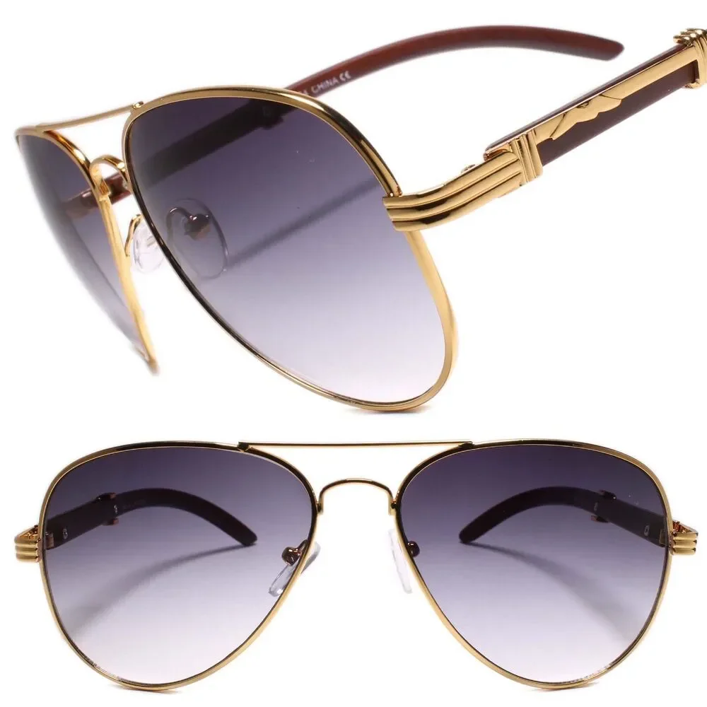 Mens Classy Elegant Slick Retro Style Sunglasses Large Gold & Faux Wood Frame